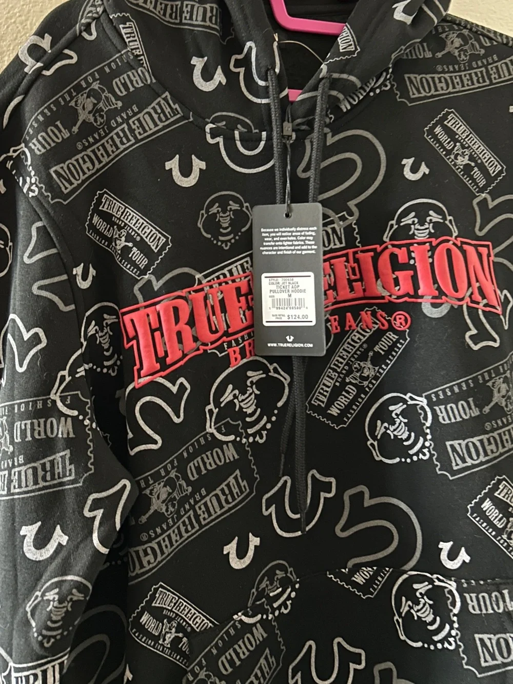 True Religion Black Hoodie with Red Logo and Gray All-Over Print
